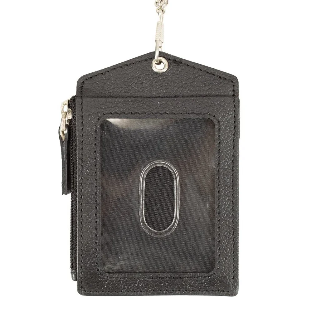 ID lanyard Card Holder in Genuine Leather, Black
